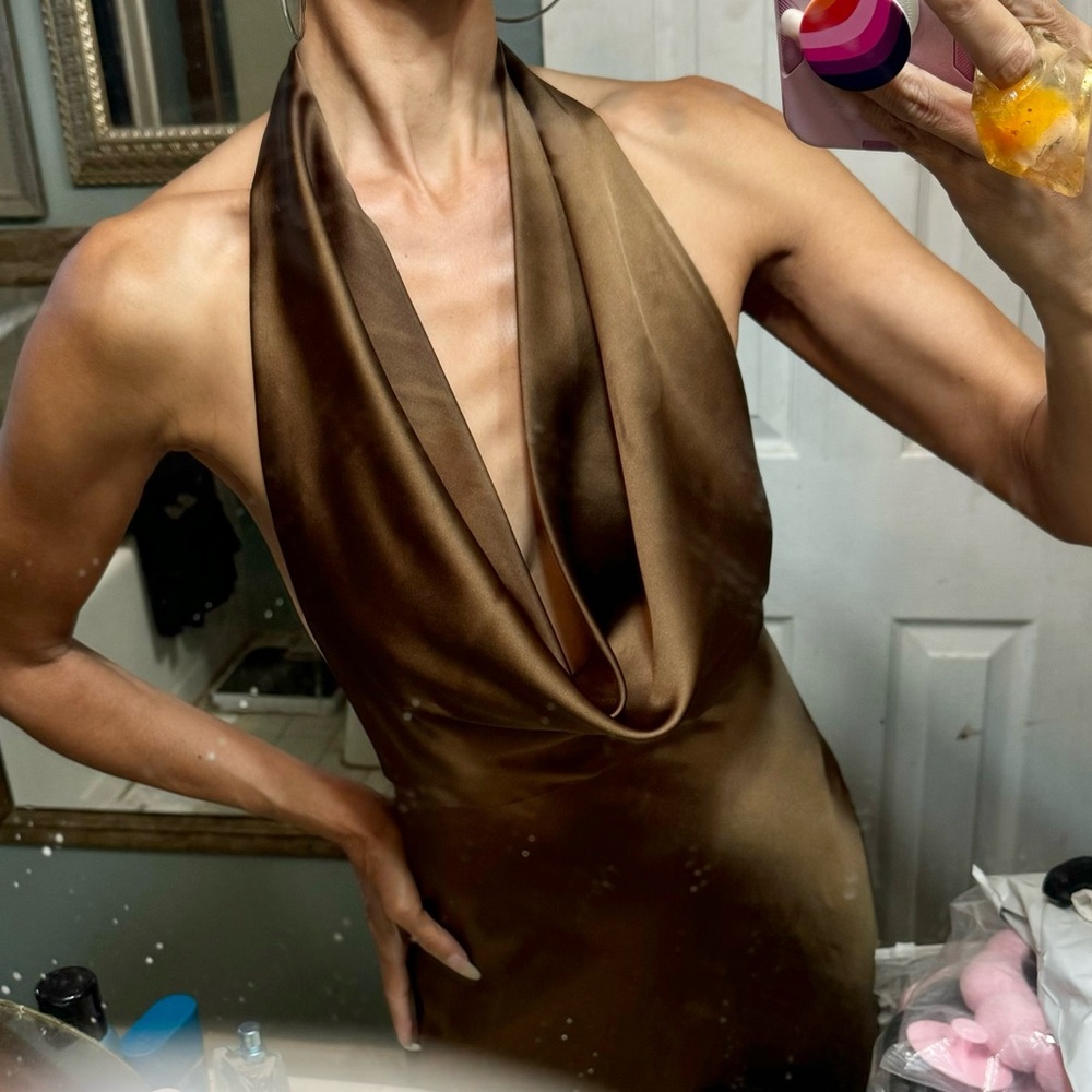 Zara satin brown plunge cowl neck open back halter dress bias XS disco cocktail